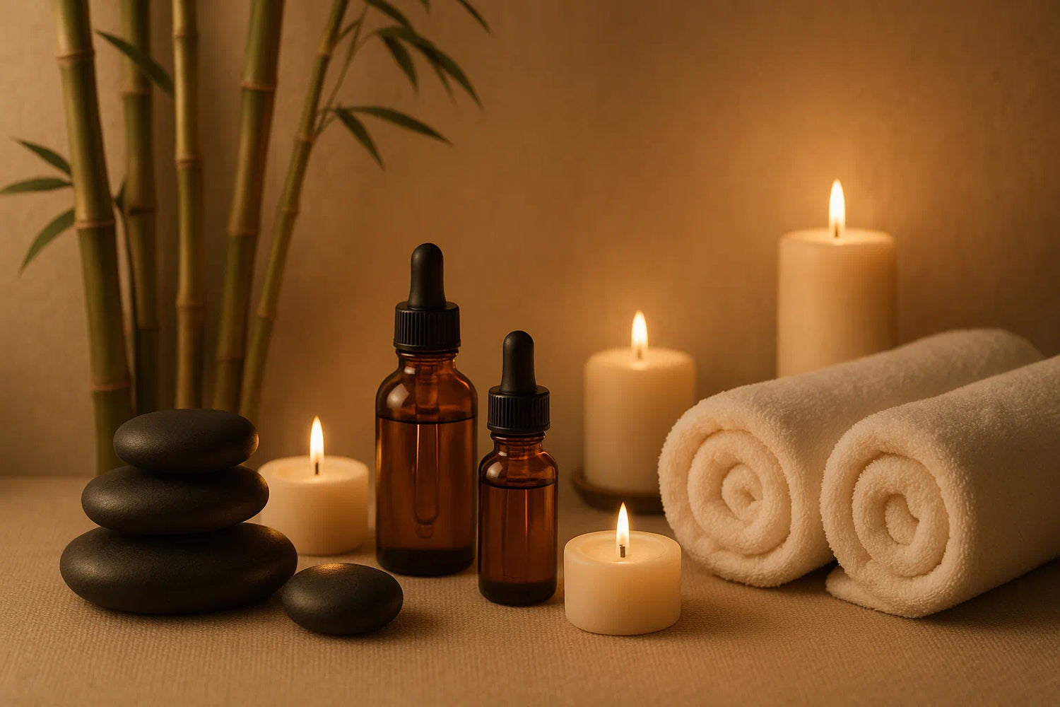 huiles et pierres chaude dans un cadre relaxant avec bougies et serviettes spa